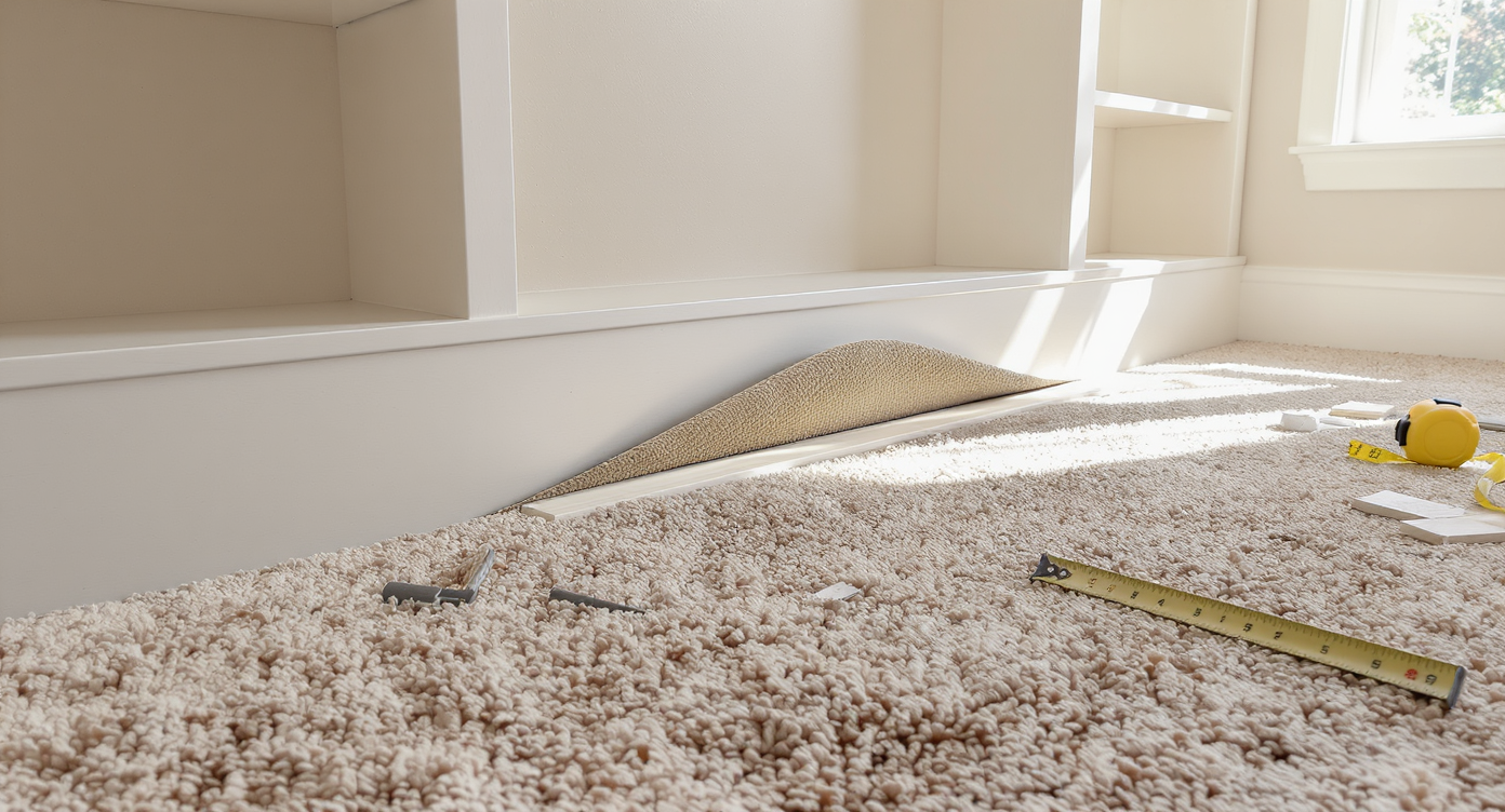 Built-in bookcase installation in progress over wall-to-wall carpet, showing a pulled-back carpet edge, exposed subfloor, and precise furniture alignment.