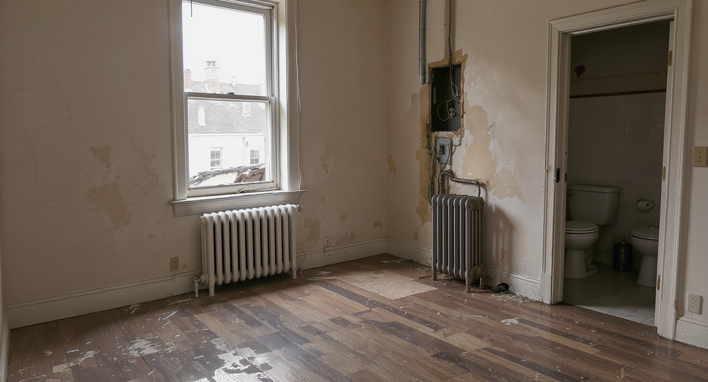 Editorial photo of an old, affordable city home interior showing worn floors, aged electrical panel, and dated fixtures illustrating hidden costs.