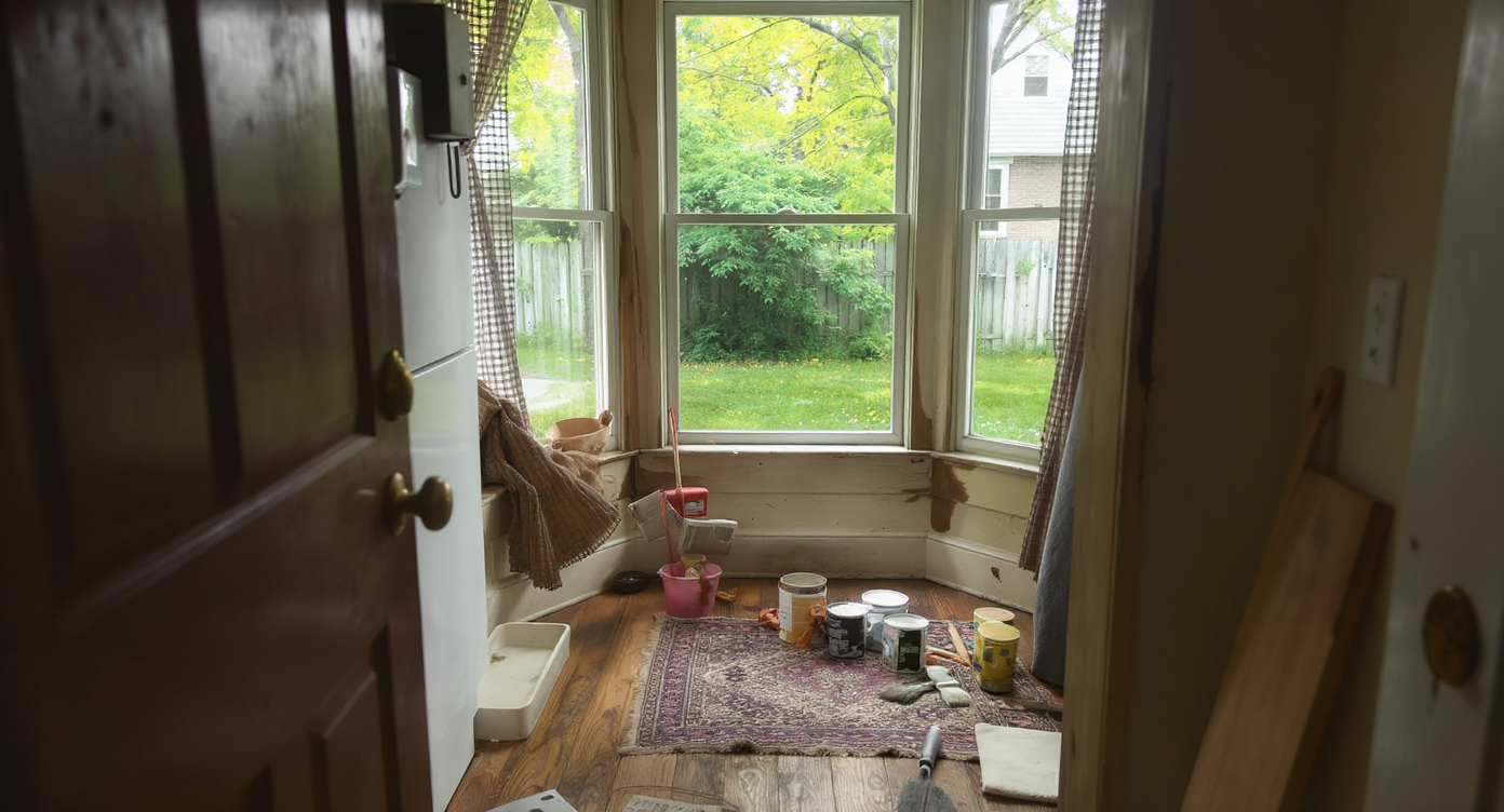 Interior of an older city home with worn hardwood floors, open utility closet showing an old fuse box, and home renovation supplies, backyard beyond window.