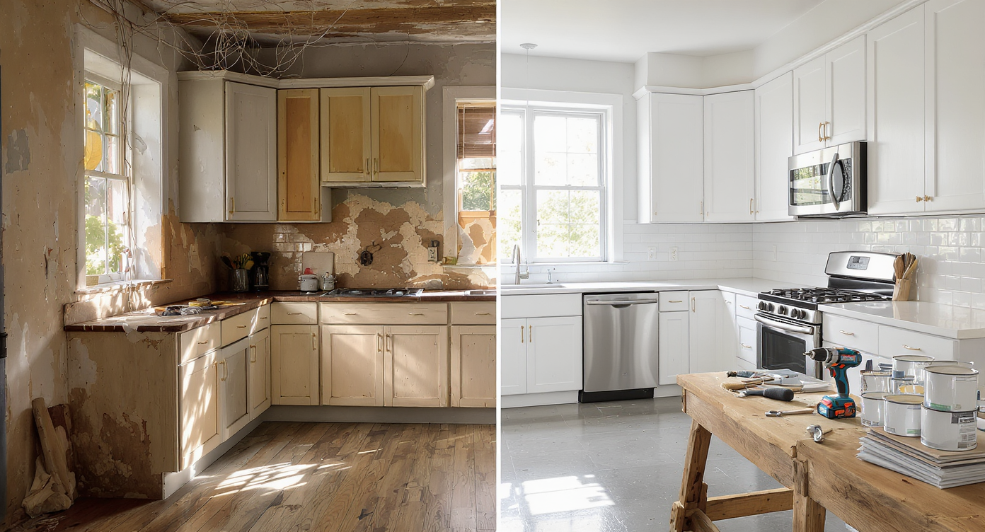 Old kitchen mid-renovation: new flooring and painted cabinets meet worn originals, with exposed wiring and DIY tools highlighting sweat equity effort.
