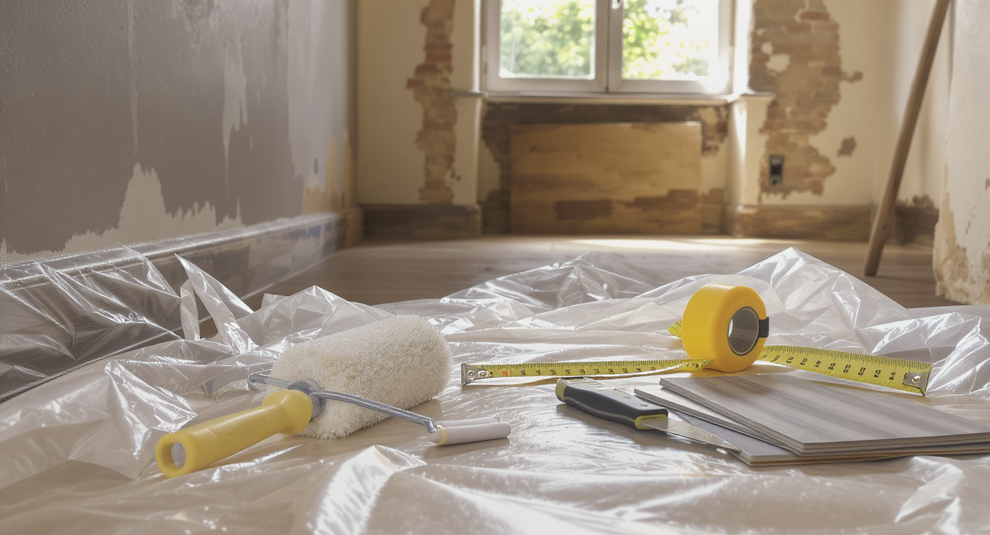 A realistic renovation scene in an old home shows flooring tools on plastic sheeting and unfinished electrical wiring nearby, with no people present.