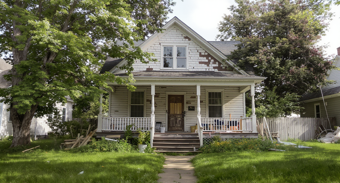 An old, weathered American house needing repairs with peeling paint, outdated windows, and scattered renovation tools on a quiet, overgrown lawn.