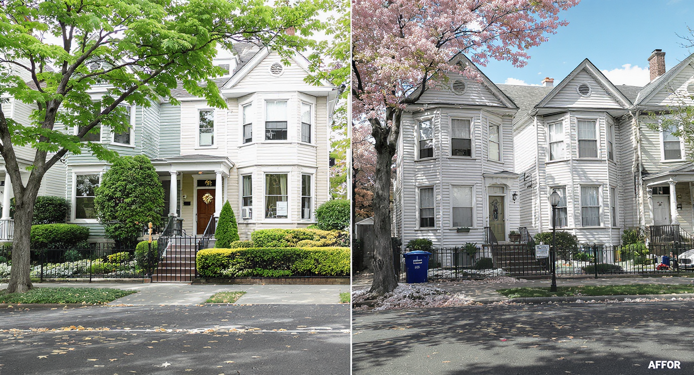 A city block split between well-kept, colorful homes and neglected, rundown houses, highlighting stark differences in property maintenance.