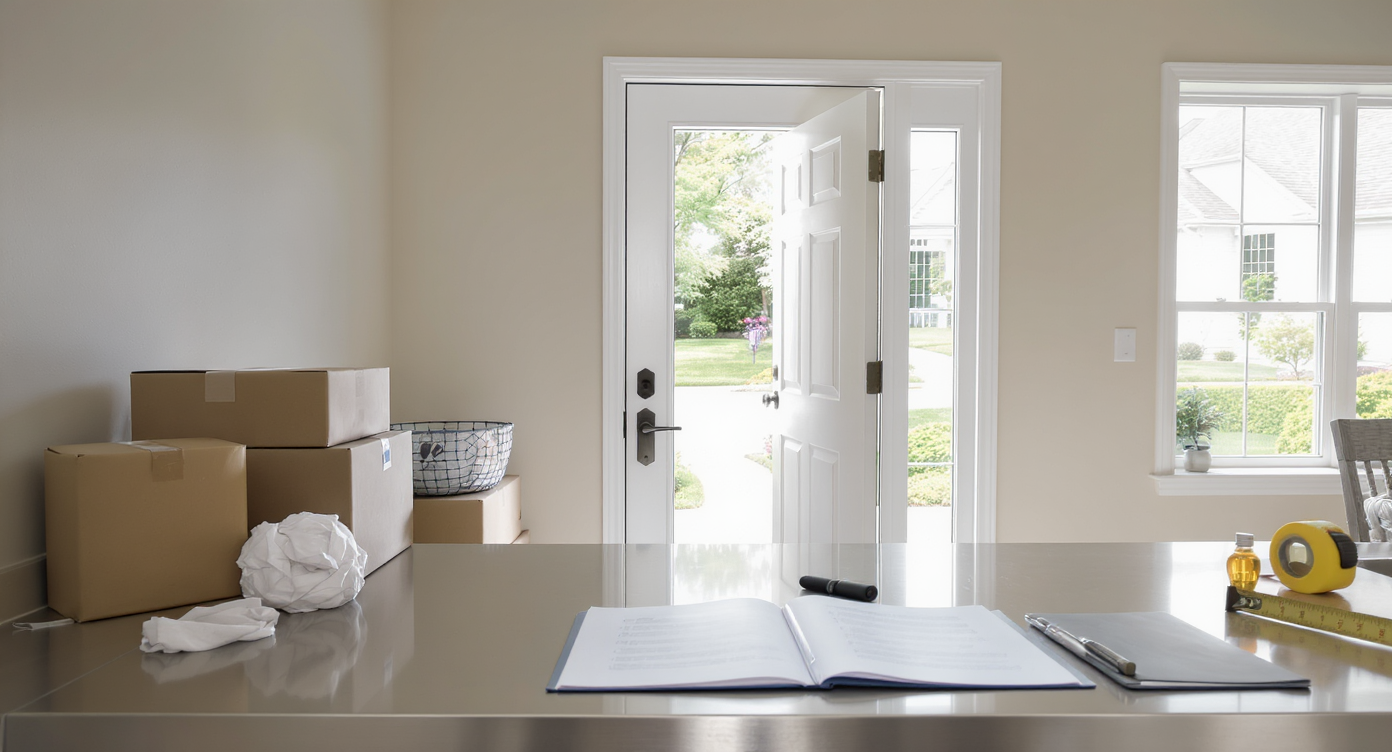 Freshly unlocked front door with keys on the counter, moving boxes, tools, and homeowner folder in a clean, sunlit entryway—no people present.