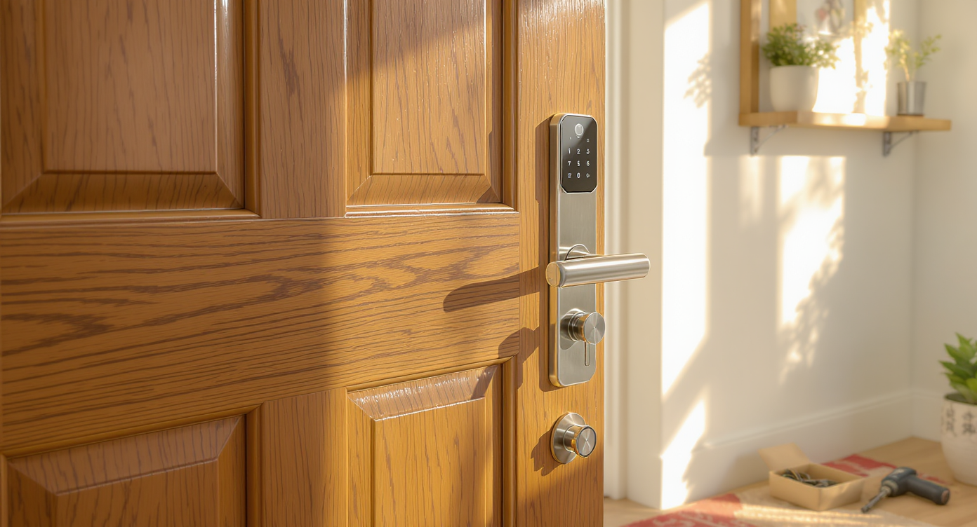 Bright entryway scene with a new keyless lock installed on a wooden front door, tools and old locks on a mat, and a garage remote nearby.