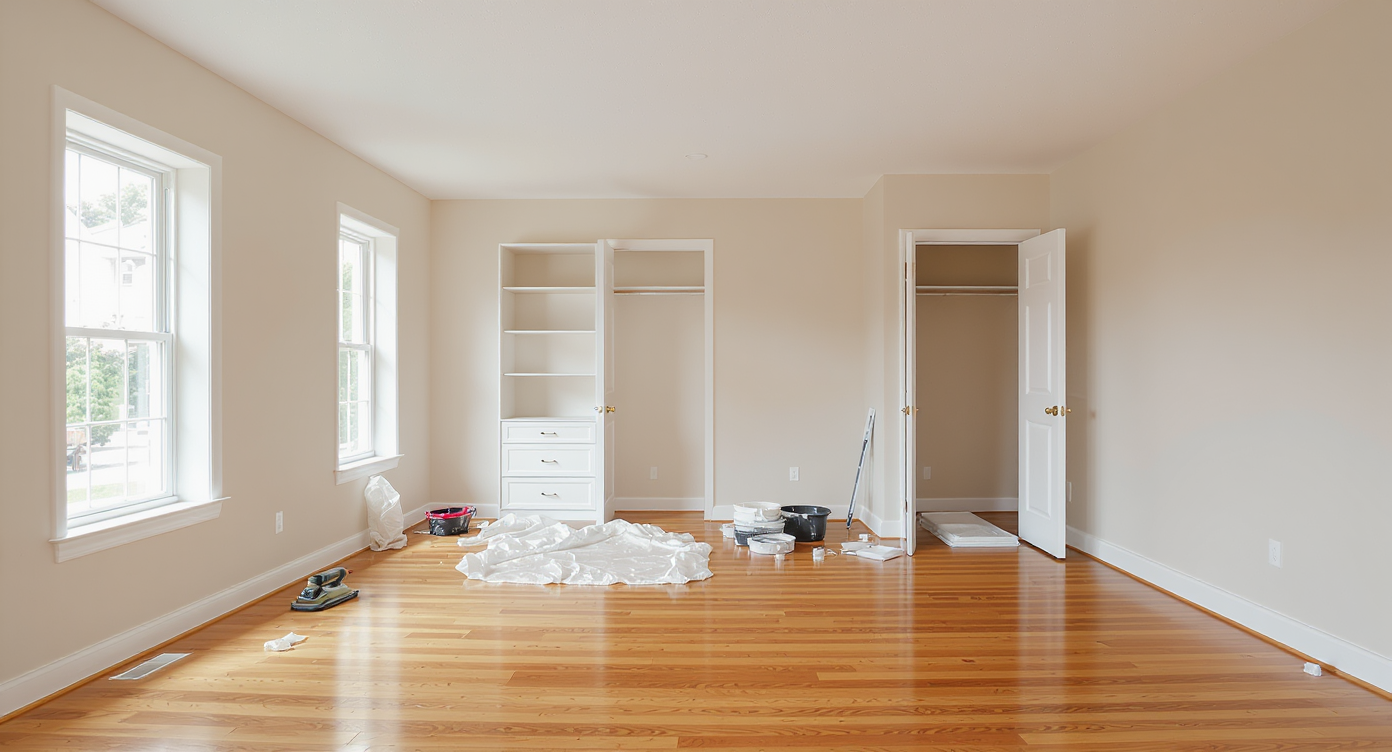 Empty living room with freshly painted walls, refinished hardwood floor, sander and paint tools, and new fixtures ready for installation.
