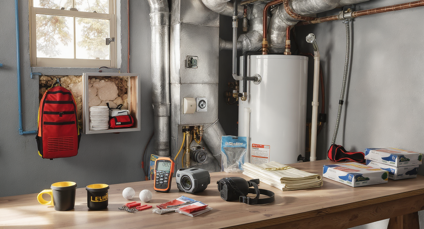Modern residential utility room with exposed insulation, ductwork, efficient appliances, audit tools, and energy-saving upgrades on display.