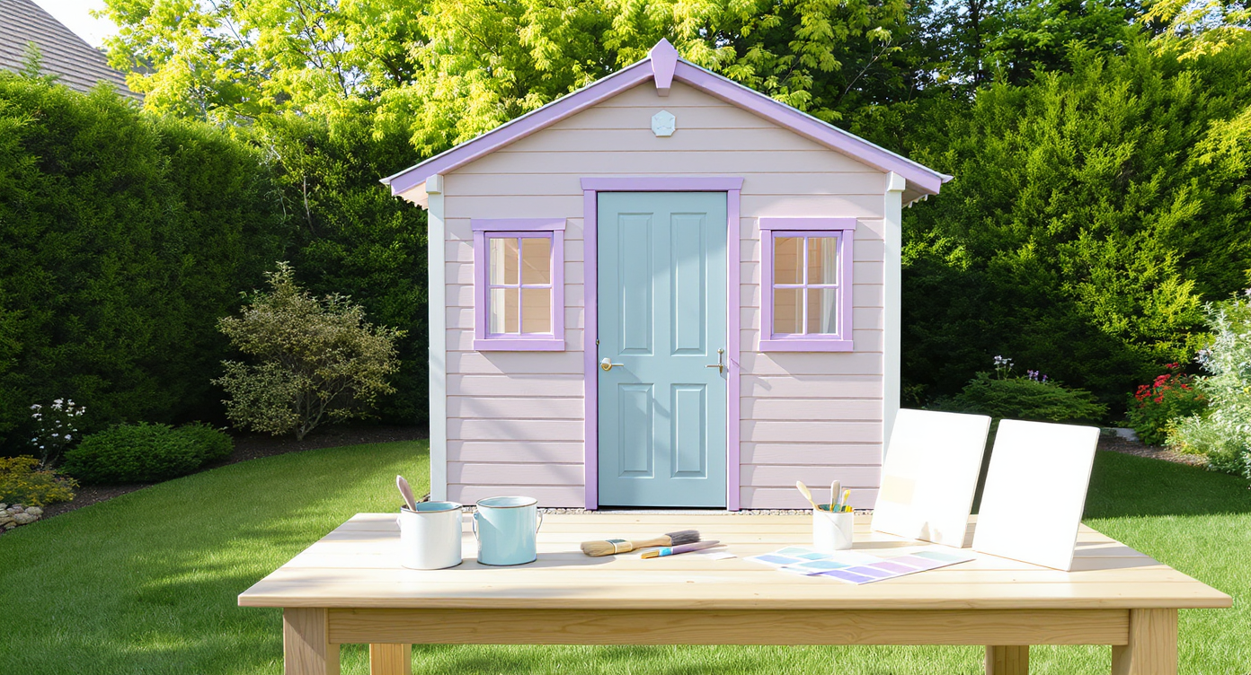 A backyard playhouse painted in pink, blue, and purple sits beside paint cans and swatch boards under natural daylight, illustrating strategic color use.