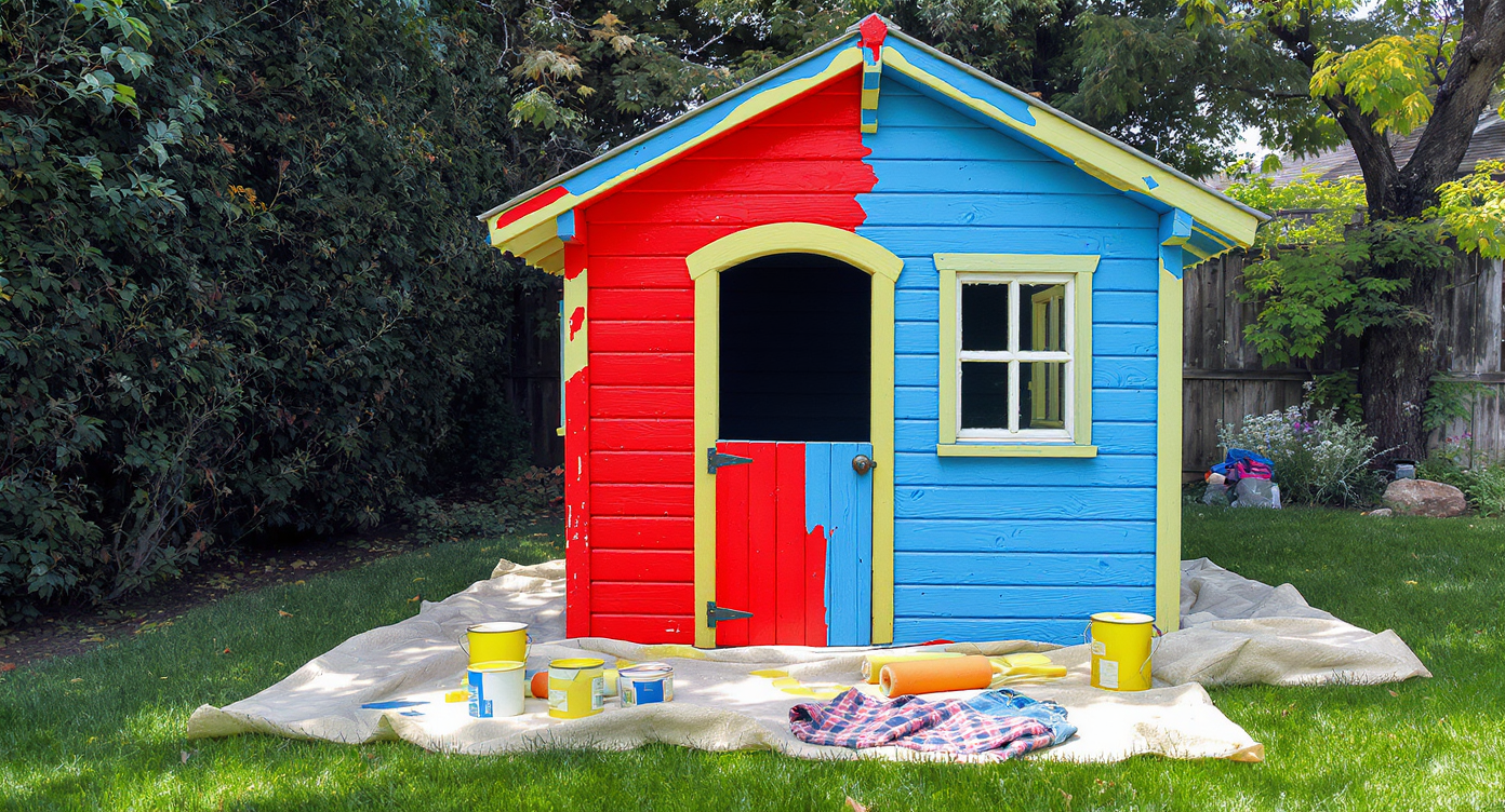 Bright paint cans, brushes, drop cloth, and old clothes arranged around a partially painted backyard playhouse, ready for a DIY project, no people visible.