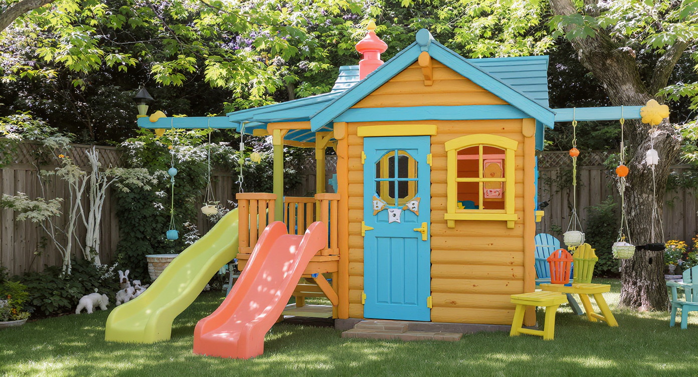 Colorful playhouse with vivid pink, aqua, and violet paint, featuring chalkboard and magnetic panels for interactive play, in a sunlit backyard.