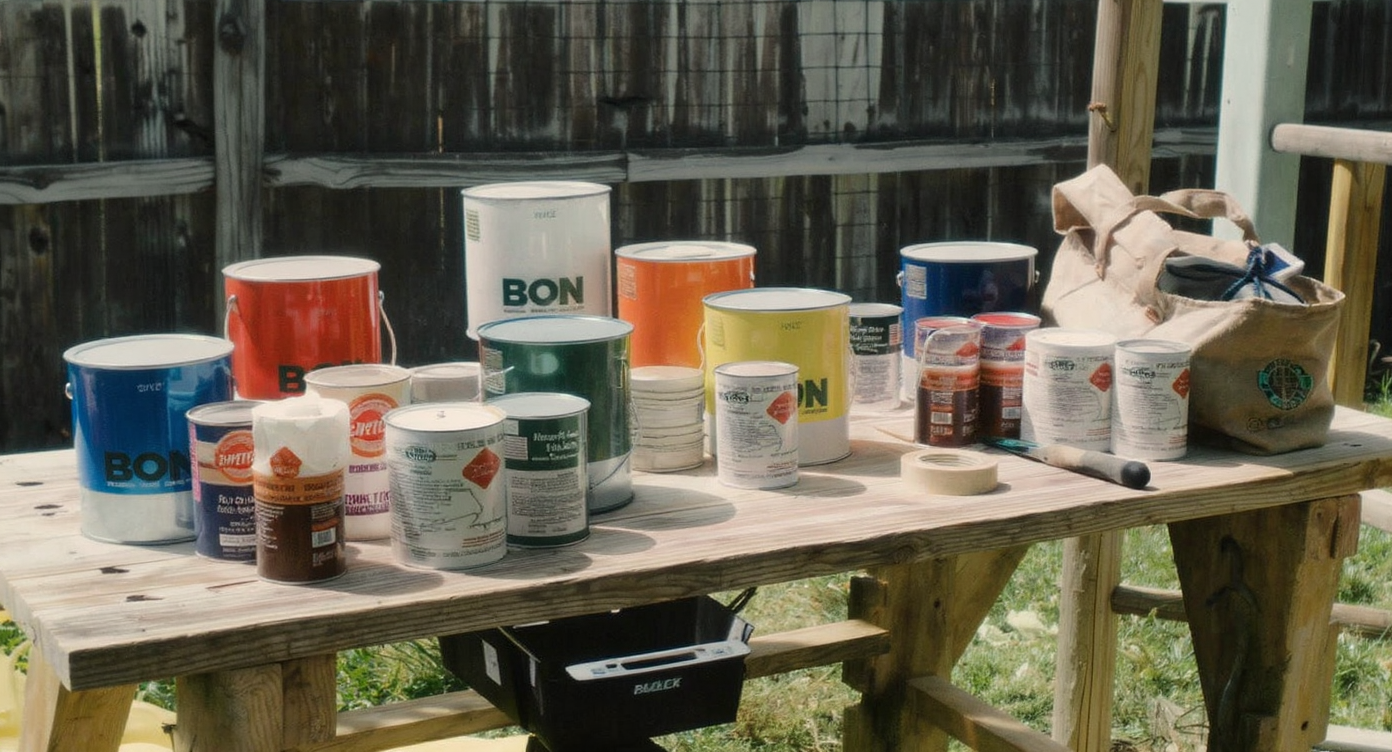 A tidy backyard workspace shows small cans of colorful acrylic exterior paints, a partially painted playhouse, and DIY tools in natural sunlight.