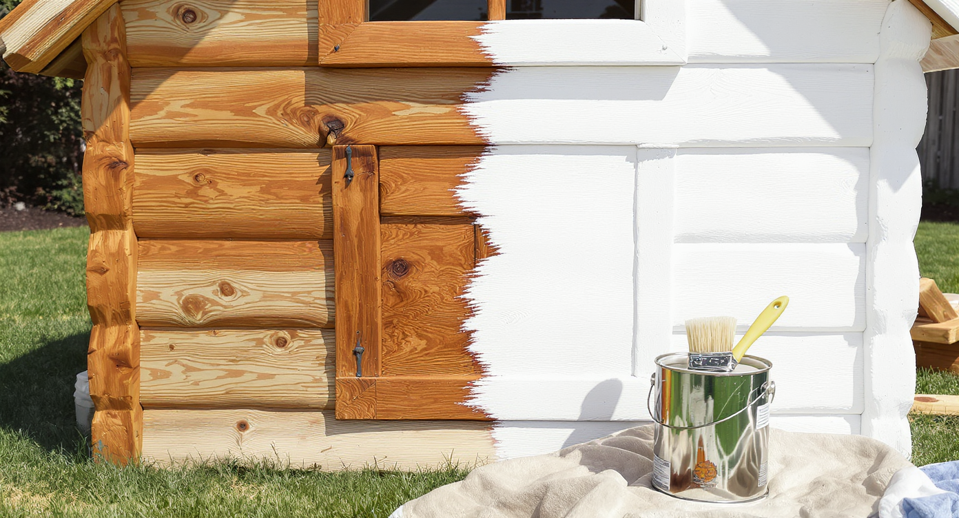 Half-primed outdoor wooden playhouse exterior with visible can of primer and paintbrush, showing clear contrast between sealed and bare wood.