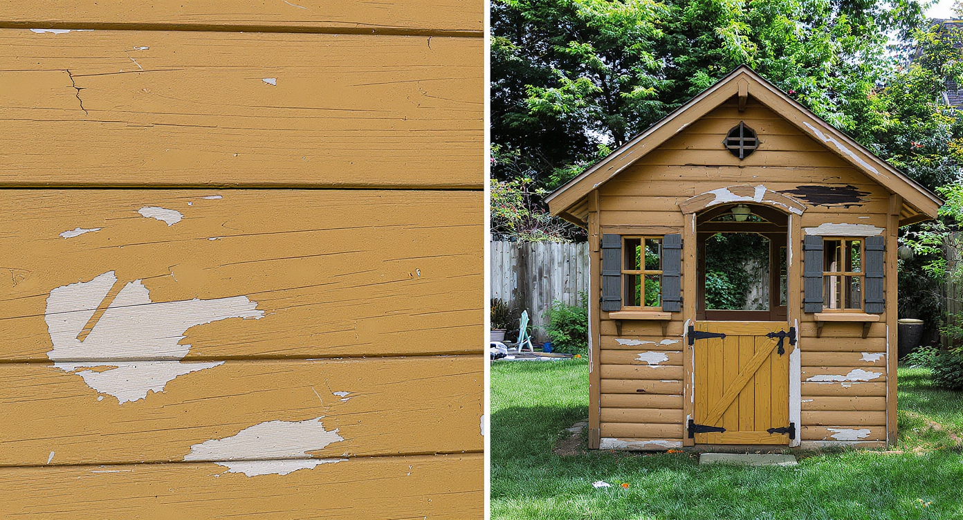A split-view of a playhouse: left side faded and weathered, right side vibrant with fresh, colorful paint, highlighting dramatic transformation.
