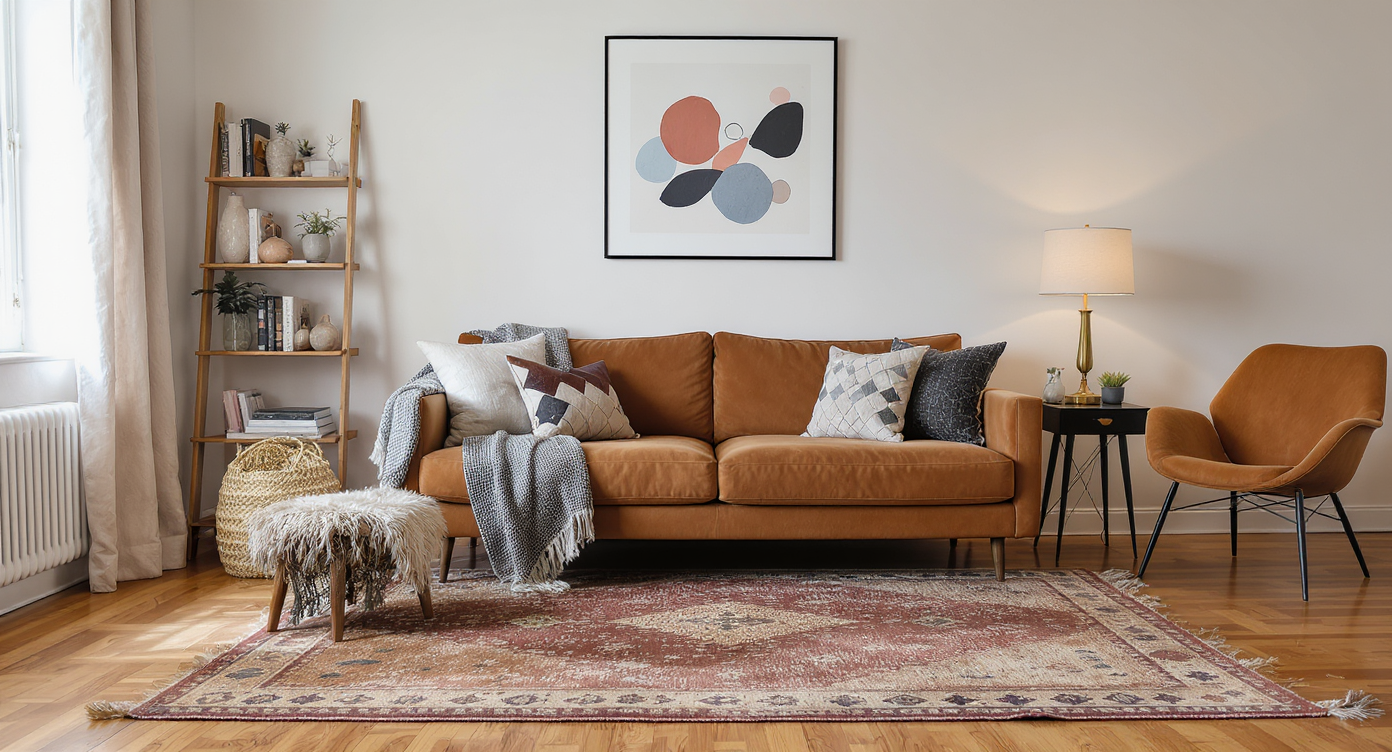 Eclectic bachelor apartment living space with a kilim rug, curated gallery wall of prints and posters, vintage lamp, and mid-century sofa.