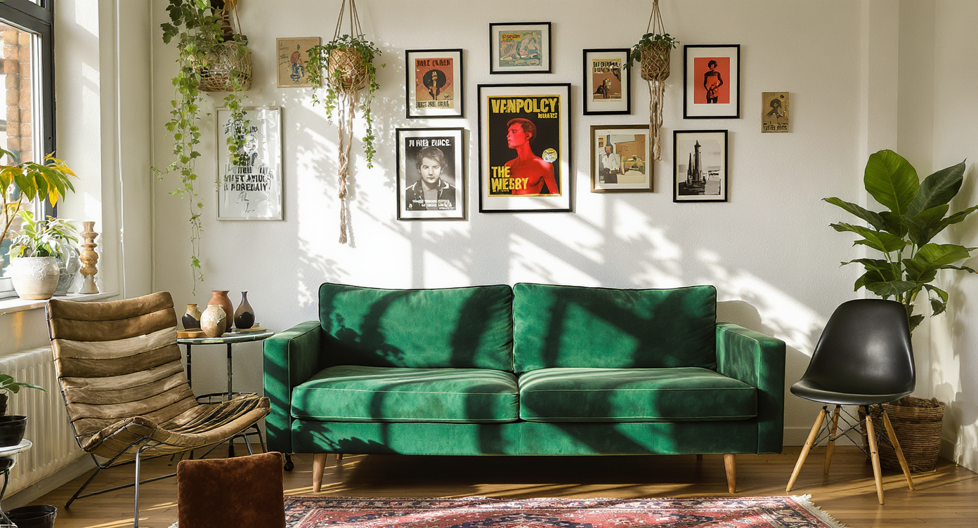 Warm, sunlit apartment with emerald sofa, mismatched chairs, industrial table with ceramics, gallery wall, plants, kilim rug, and vintage floor lamp.
