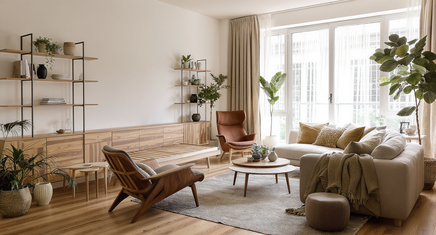 Modern bachelor apartment featuring a blend of high-end and budget furniture, including a solid-wood bed, unique lounge chair, modular sofa, thrifted chairs, and entry-level tables.