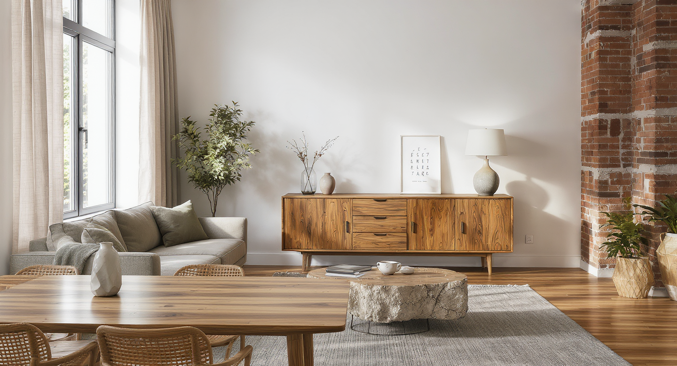 A bachelor apartment living and dining area featuring a curated mix of mid-century modern, vintage, and artisan-crafted furniture, all with visible quality and patina; natural daylight streams in, highlighting layered textures and warm hardwood floors.