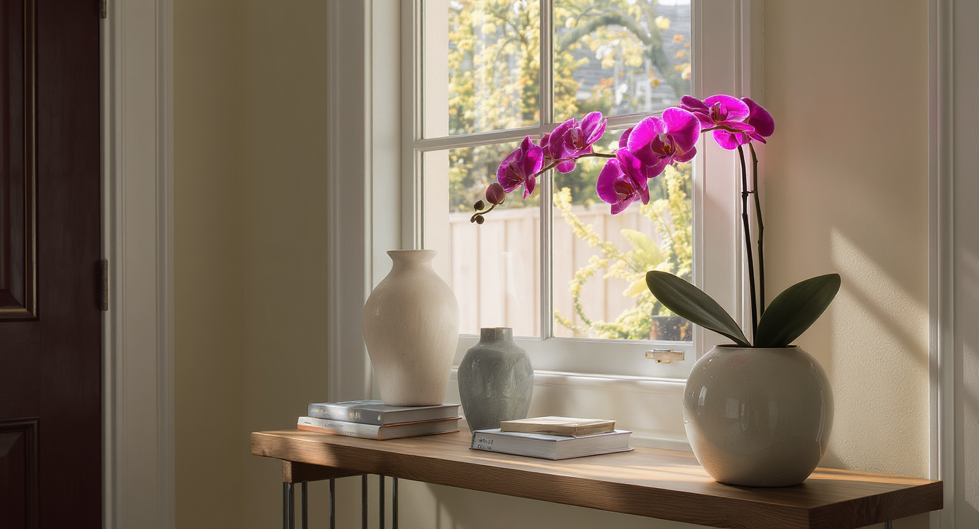 A rare orchid hybrid in a ceramic pot sits on an entryway table beside a window, instantly drawing attention amidst tasteful, minimalist decor.