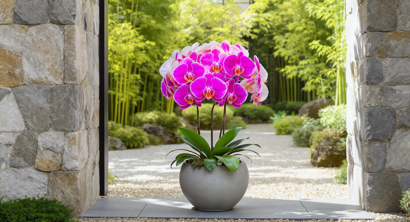 Refined home entryway showcasing a rare hybrid orchid with blush, white, and fuchsia petals above green foliage, set in a minimal stone planter.