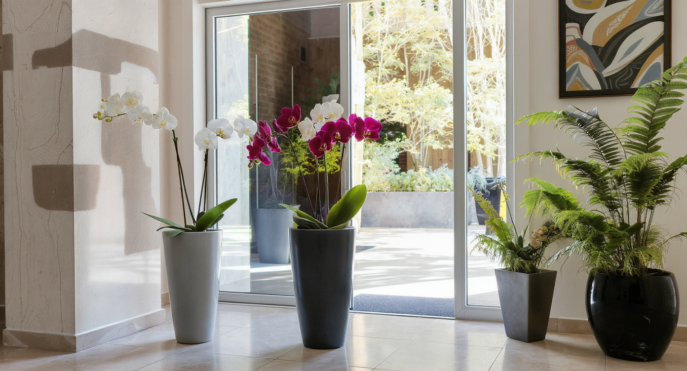 Contemporary entryway framed by two tall orchid pots, rare hybrid orchids in bloom, reflective surface, calathea, and ferns, natural light.