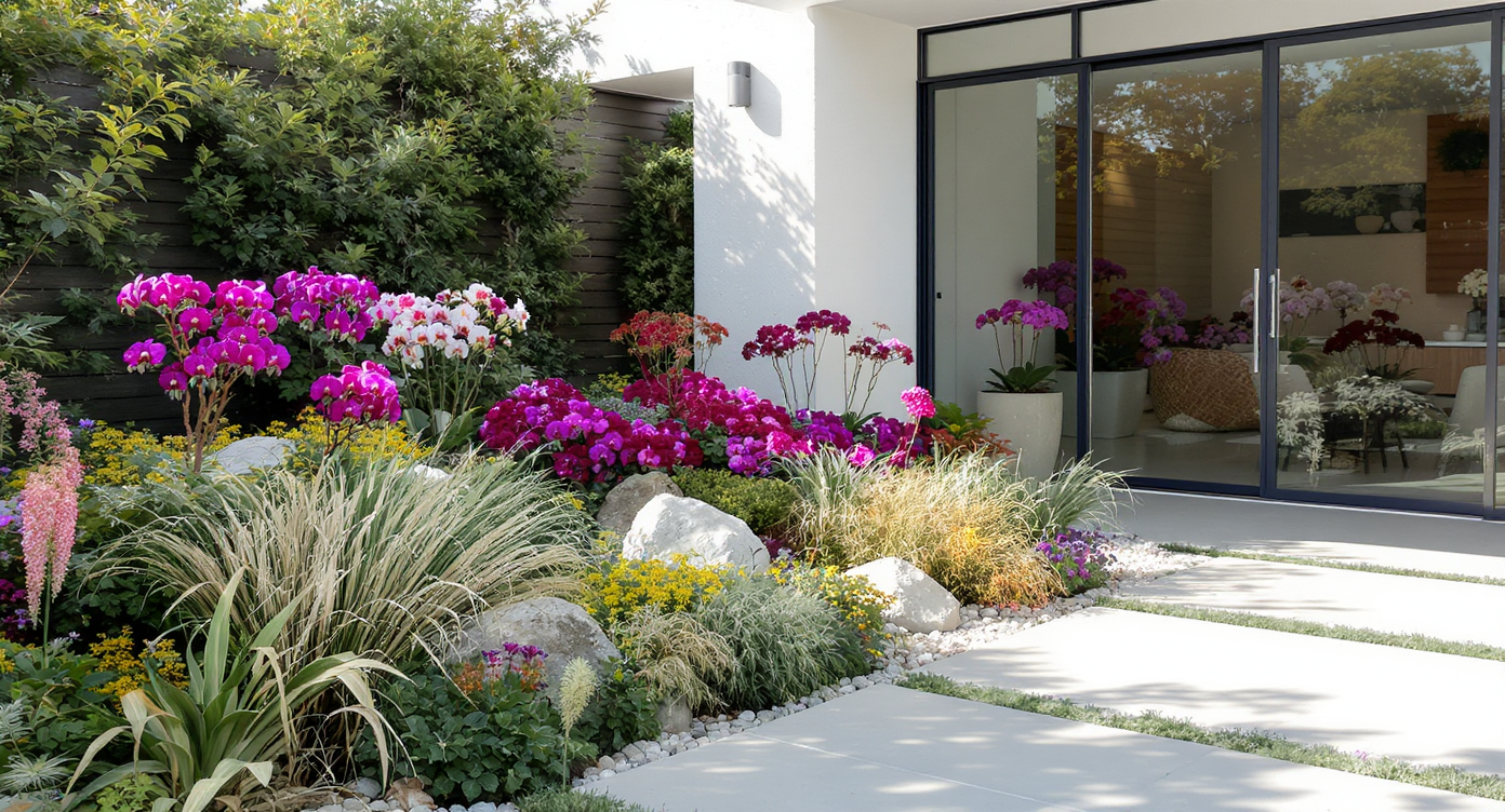 A realistic garden entryway displaying vibrant orchid hybrids layered among native plants and wildflowers, with indoor orchids arranged in sculptural planters visible through glass doors.