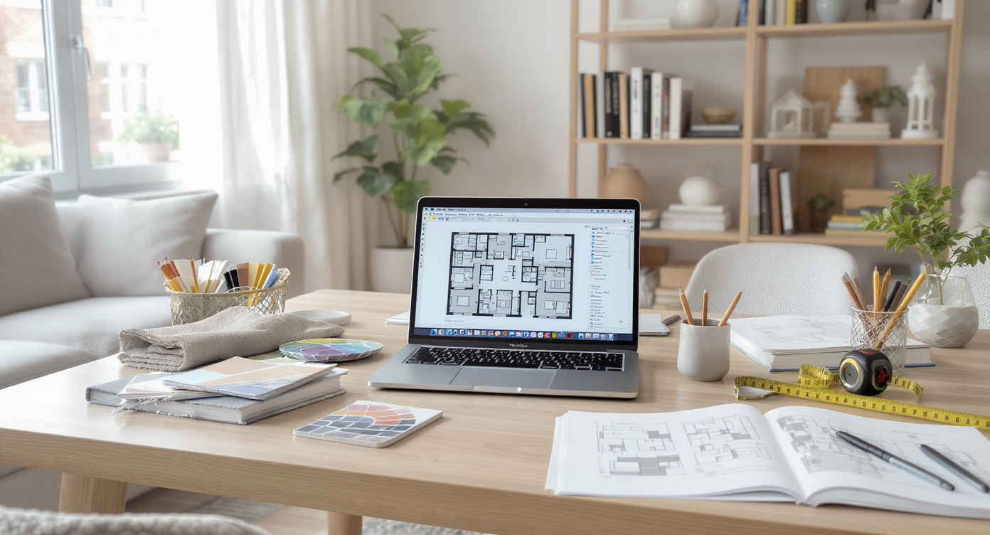 A modern home workspace with an open laptop showing floor plans, surrounded by interior design tools, swatches, paint samples, and reference books.