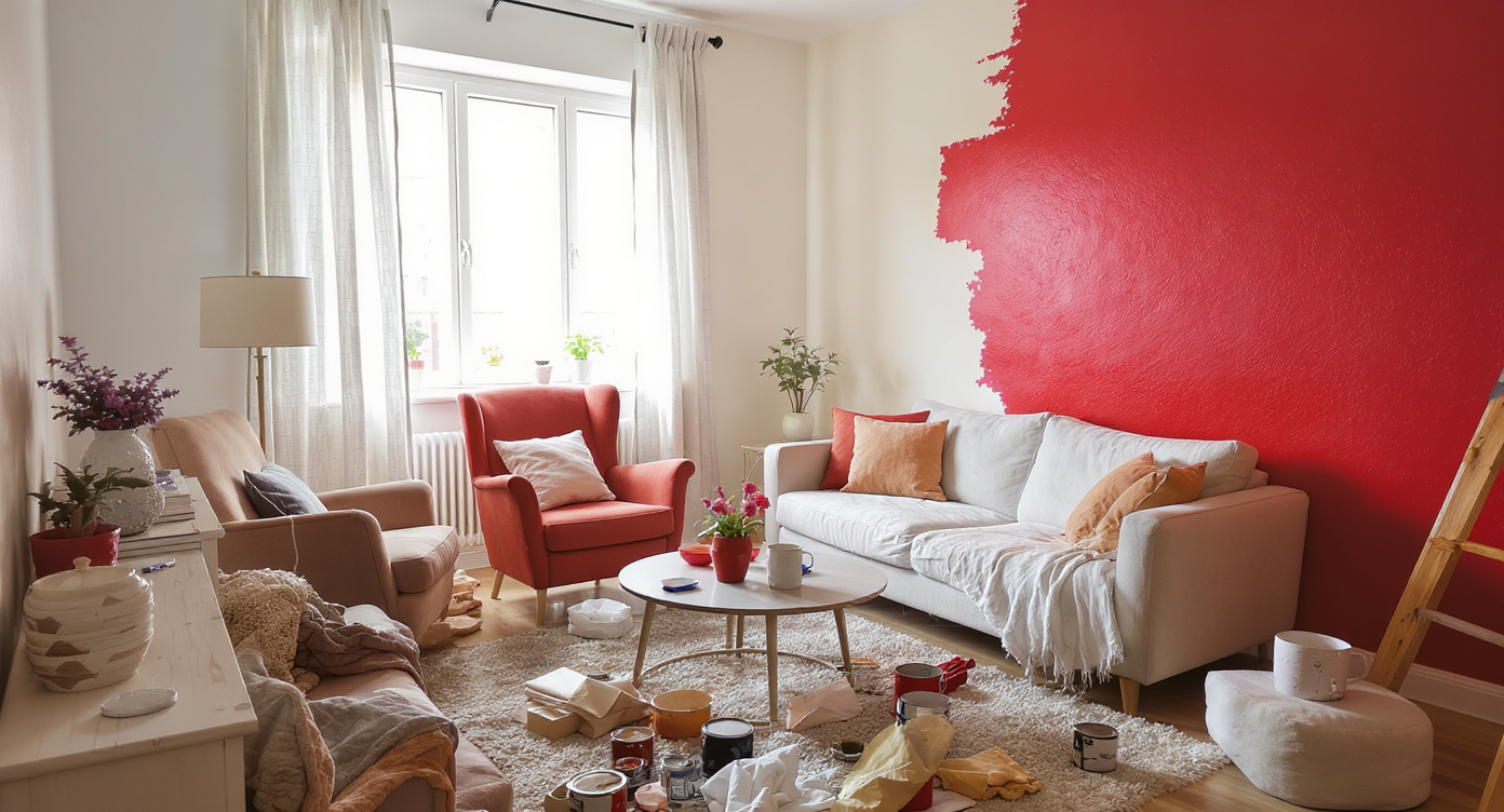 A small living room mid-makeover with a new rug, a painted accent wall, moved furniture, open paint cans, and decor inspiration on a laptop.