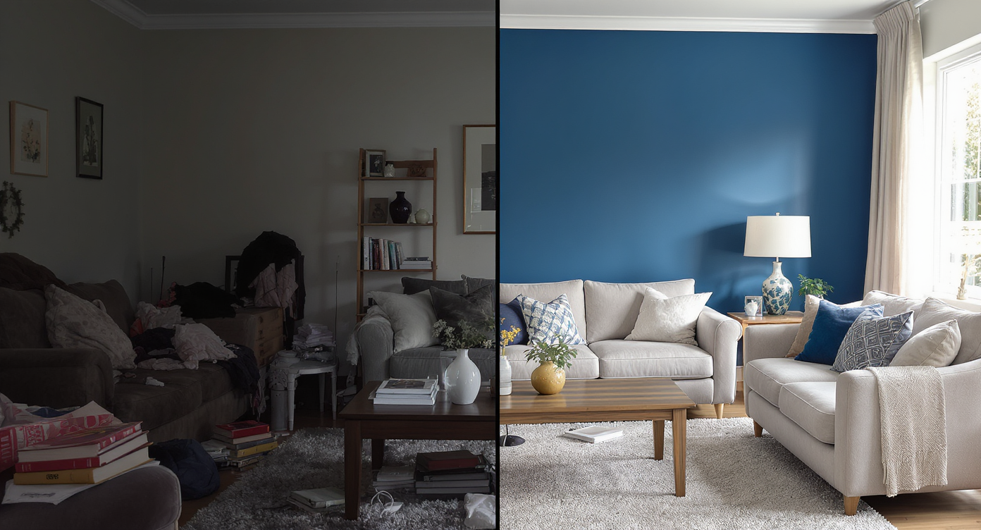 Split-screen of a living room before and after design changes, highlighting lighting, organization, and a vibrant accent color for clear visual contrast.