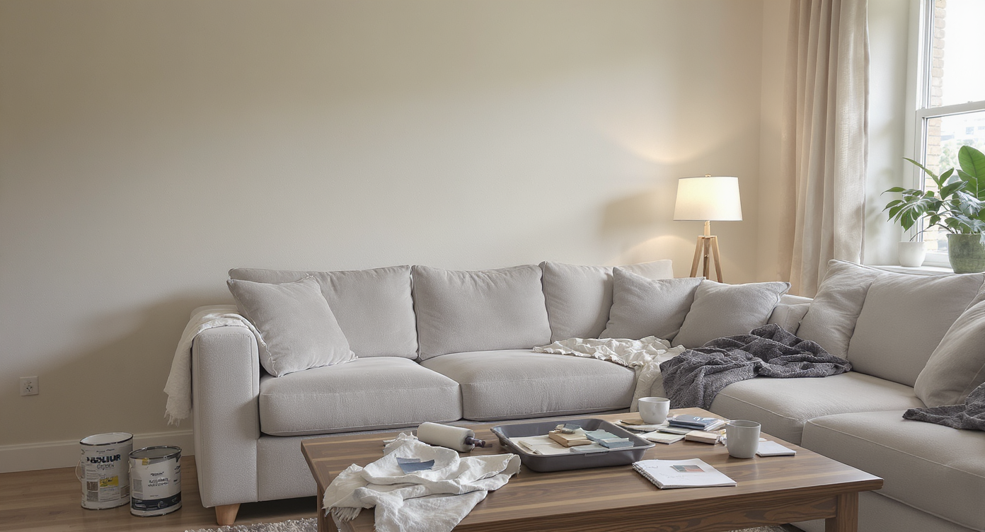 A realistic living room scene showing a sofa partially moved, a repainted accent wall, painting supplies, moodboards, and lighting experiments.