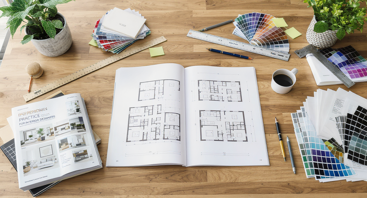 A sunlit workspace table with design books, drafting tools, scale plans, color swatches, real material samples, and a Munsell color chart.