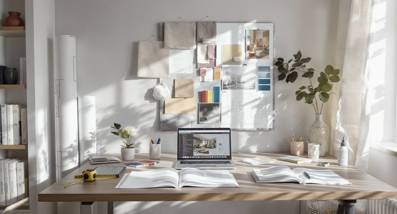 A sunlit home workspace neatly arranged with design books, a laptop, color swatches, moodboard, and drafting tools—ready for self-taught learning.