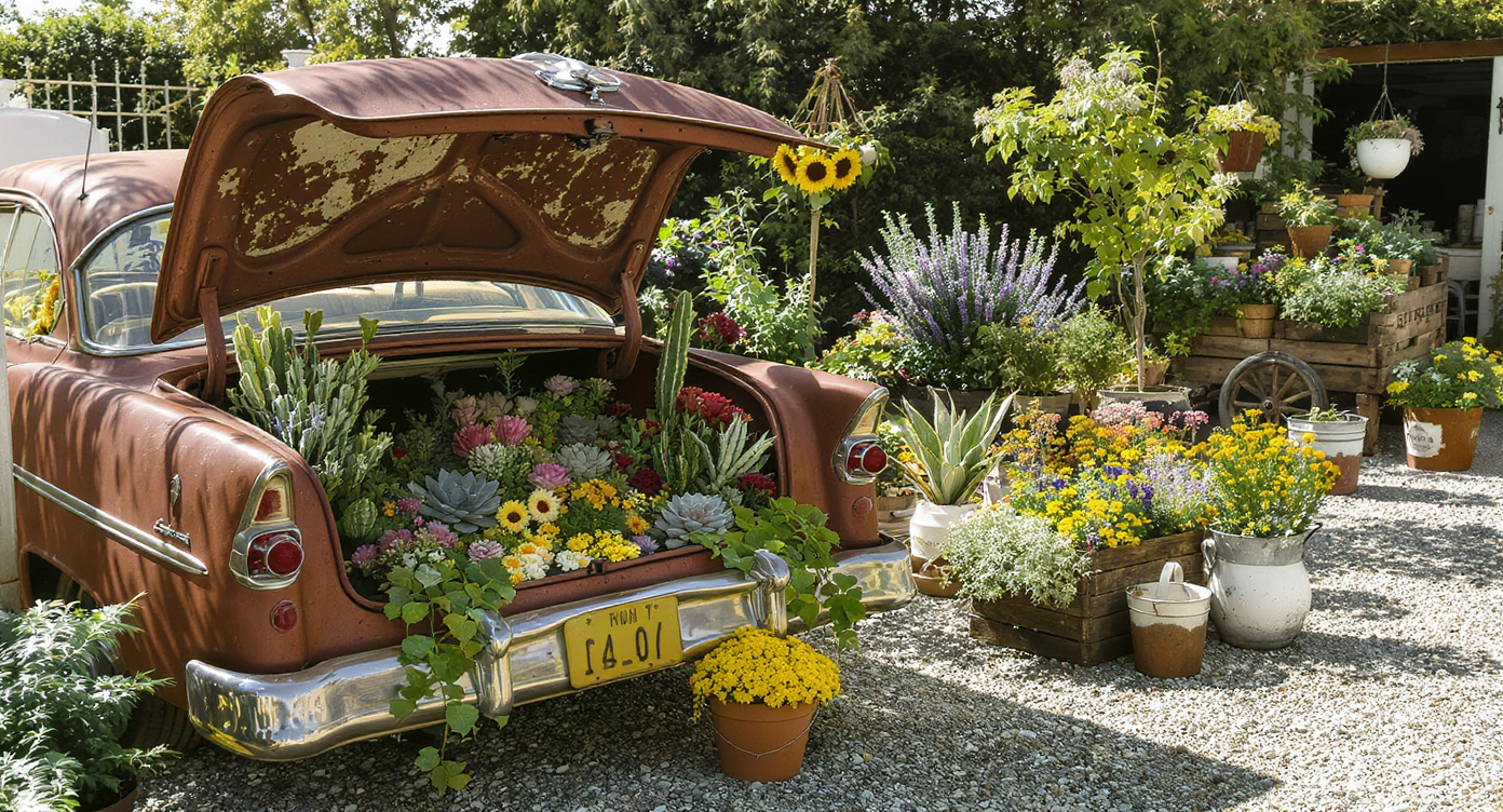 A rusted classic car filled with succulents and cacti sits beside a flower-filled wagon and recycled container planters in a nursery.