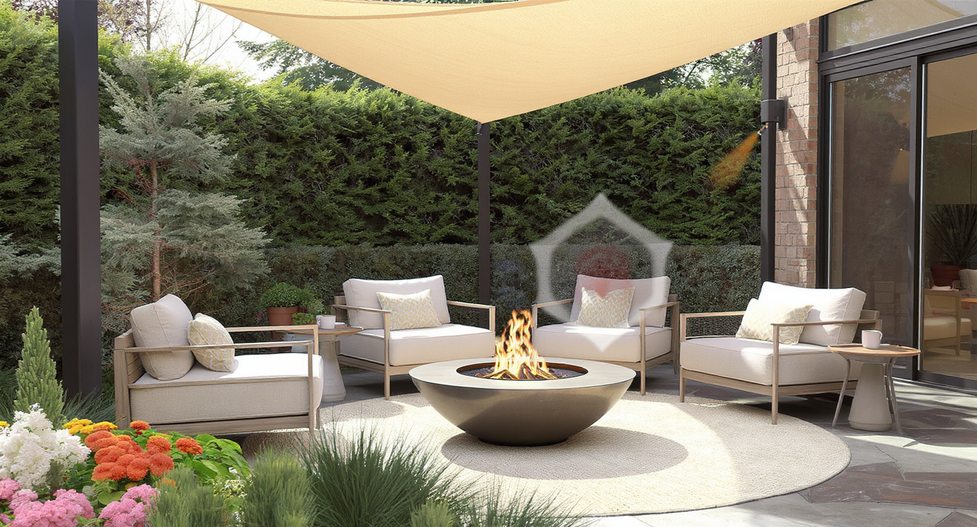 Adaptive outdoor lounge with removable shade sails, fire bowl, and potted plants near a glass door, highlighting seasonal versatility.
