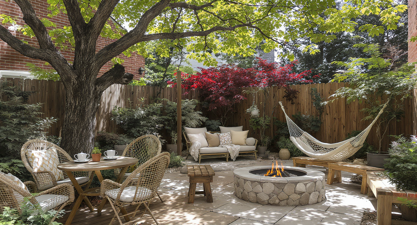 Urban backyard with shaded bistro set, tea nook with lounge chairs, hammock, and fire pit circle—no people, lush plants, natural lighting.
