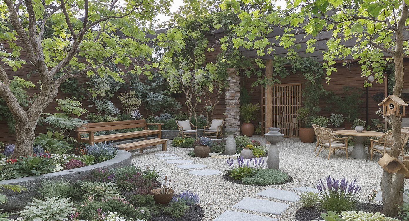 Cinematic photorealistic outdoor nursery with benches, pergola, rain garden, pathways, garden art, vibrant plants, all human-free.