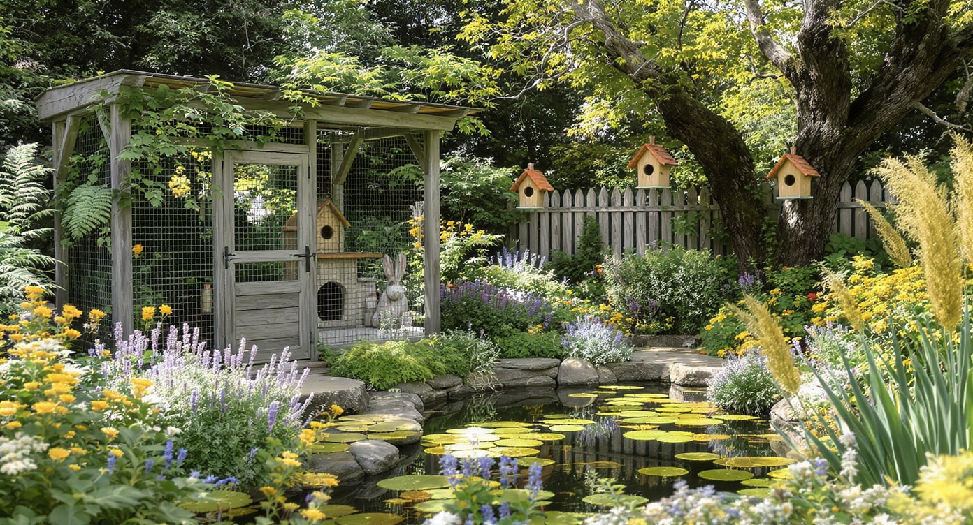 A lush garden area with animal enclosures, birdhouses, a bee hotel, and a small pond, demonstrating wildlife-friendly outdoor design.