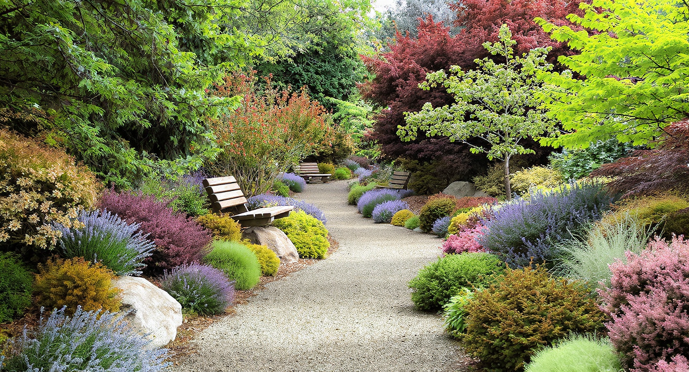 A winding gravel path curves through lush, mixed planting beds filled with native plants, groves, and a small pond, creating a sensory-rich garden for exploration.
