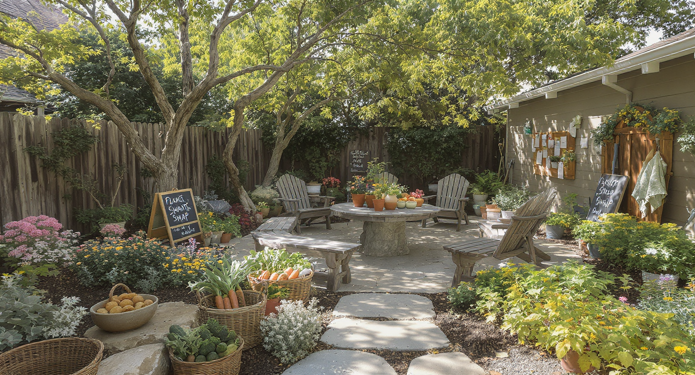 A realistic front yard garden with a welcoming stone path, communal seating, harvest baskets, and plant swap area, evoking a sense of belonging.