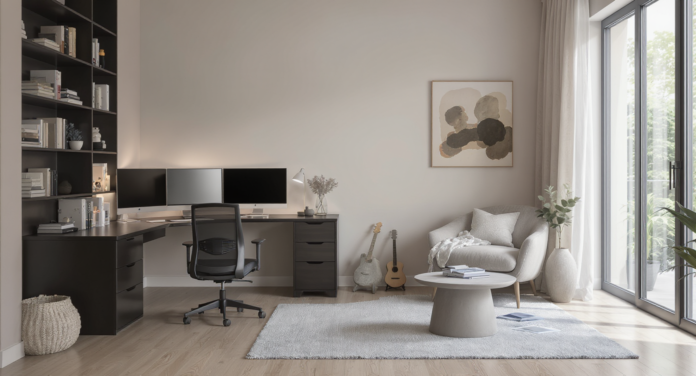 Modern study room blending tech workspace and playful lounge, with desk, monitors, shelving, reading nook, board games, and natural light.