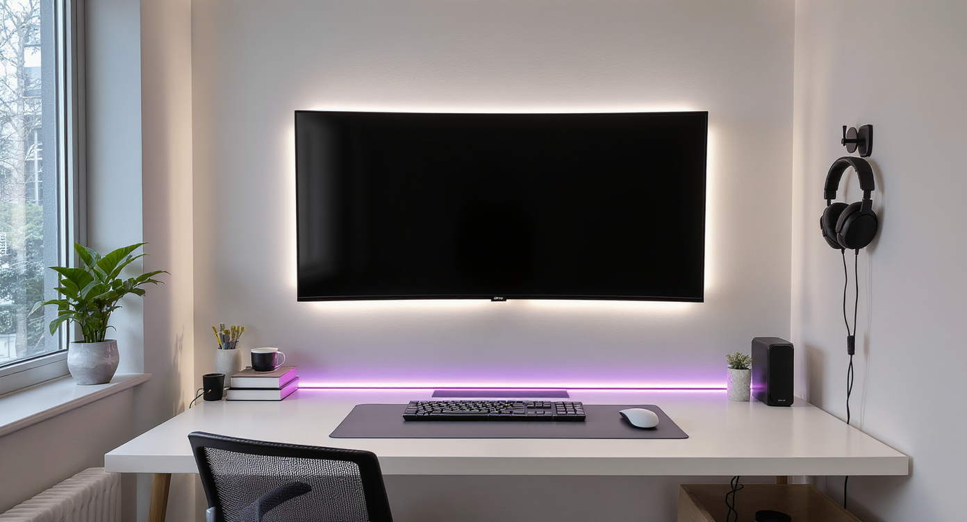 A modern study room with an ultrawide monitor, sleek desktop, subtle RGB lighting, and meticulously organized, concealed tech accessories.