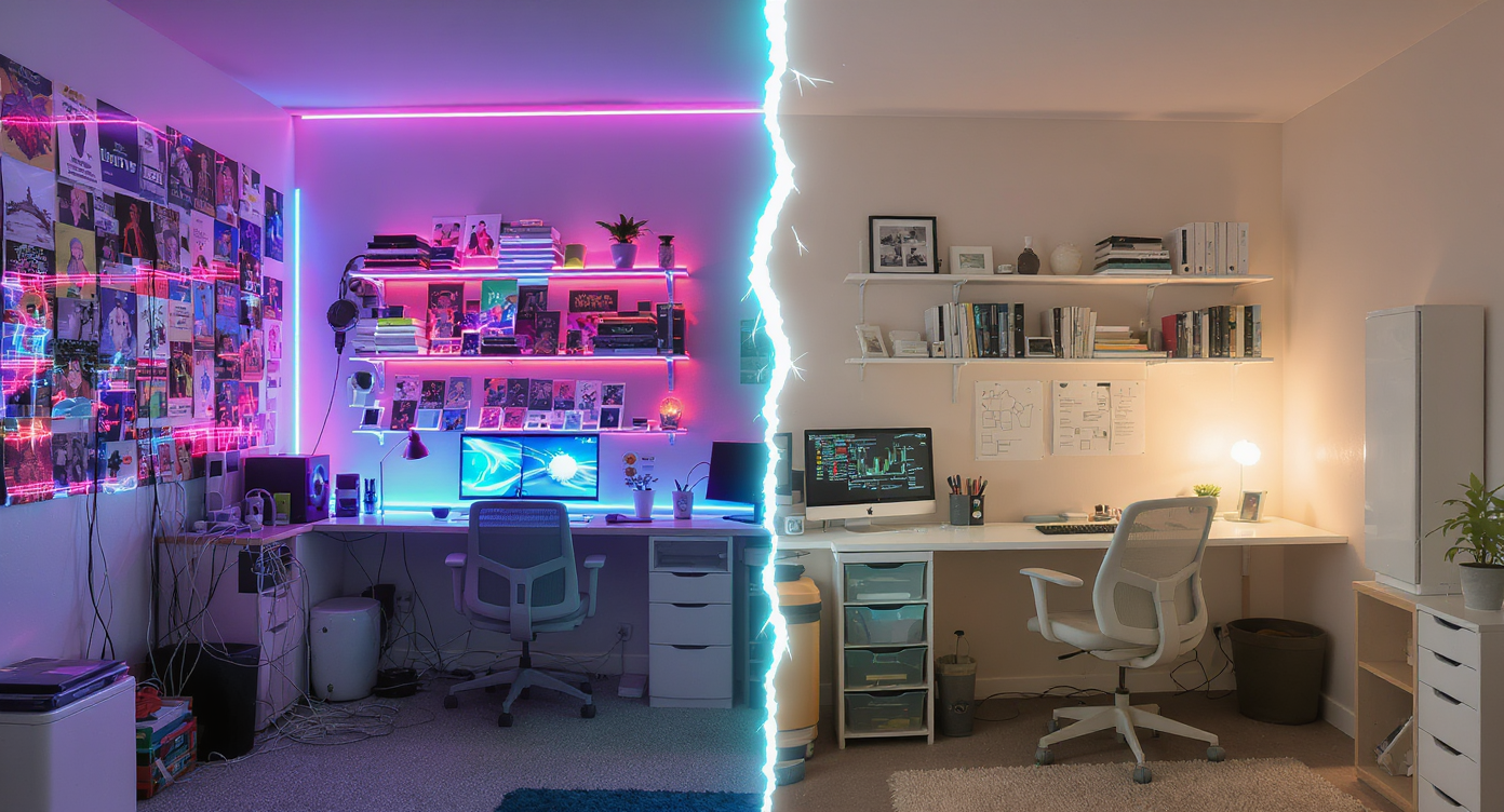 A study room split in half, one side filled with posters, tech, and clutter, the other side minimal and organized, showing the impact of visual distractions.