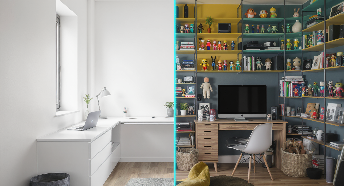 A small study room divided into minimalist and maximalist sections, showing clean lines, hidden storage, vibrant displays, and tech gadgets.
