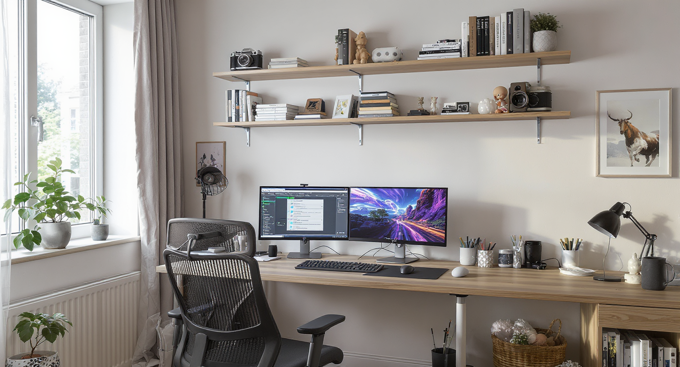 Photorealistic study room with dual monitors for work and gaming, books and art prints displayed beside collectibles, blending productivity and play.