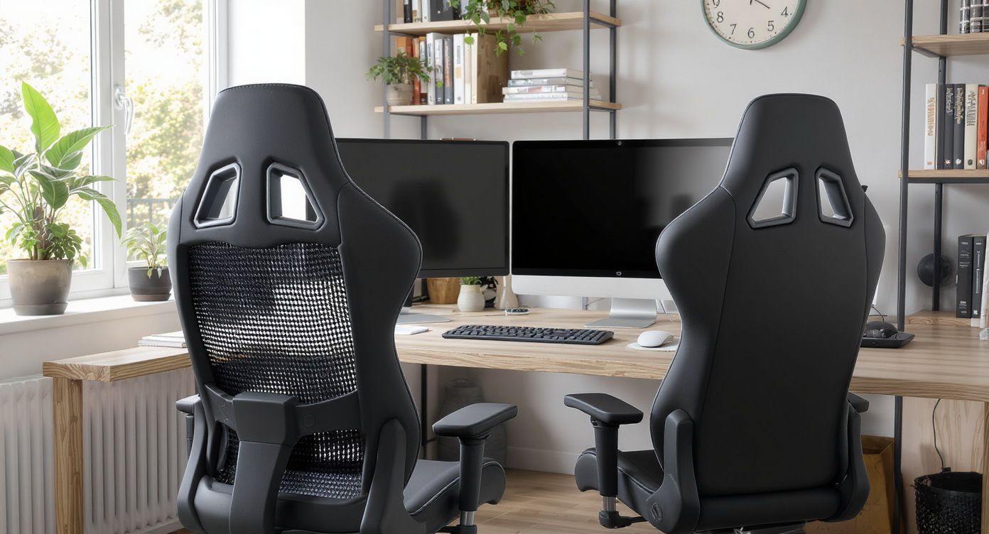 A realistic study room with a gaming chair and an ergonomic office chair side by side at a modern desk, highlighting their differences in design.