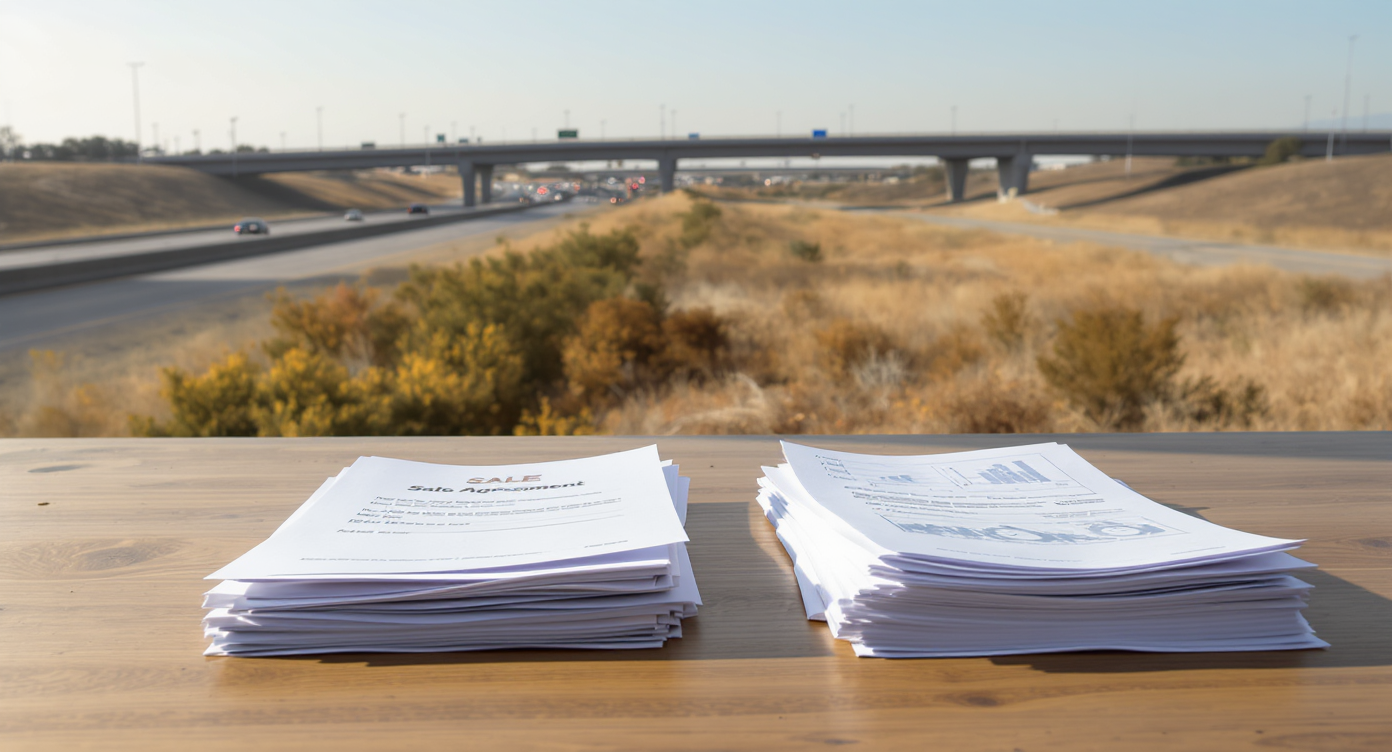 Two piles of real estate documents—one labeled 'Sale Agreement' with a check, one 'Development Proposal' with blueprints—on a table by highway-side land.