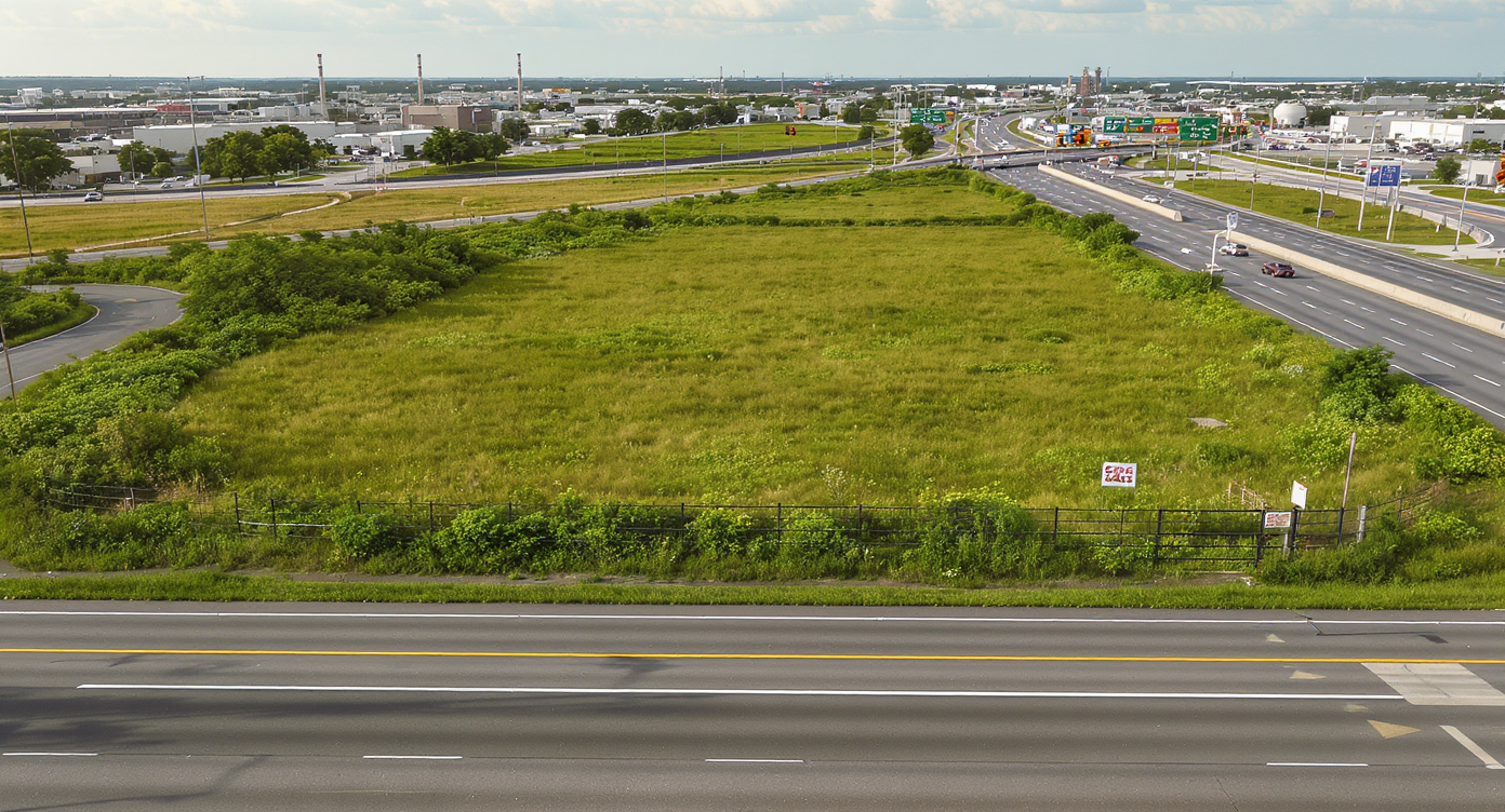 A photorealistic, elevated view of a large, undeveloped land parcel bordering a highway exit, with a for sale sign and distant commercial buildings.