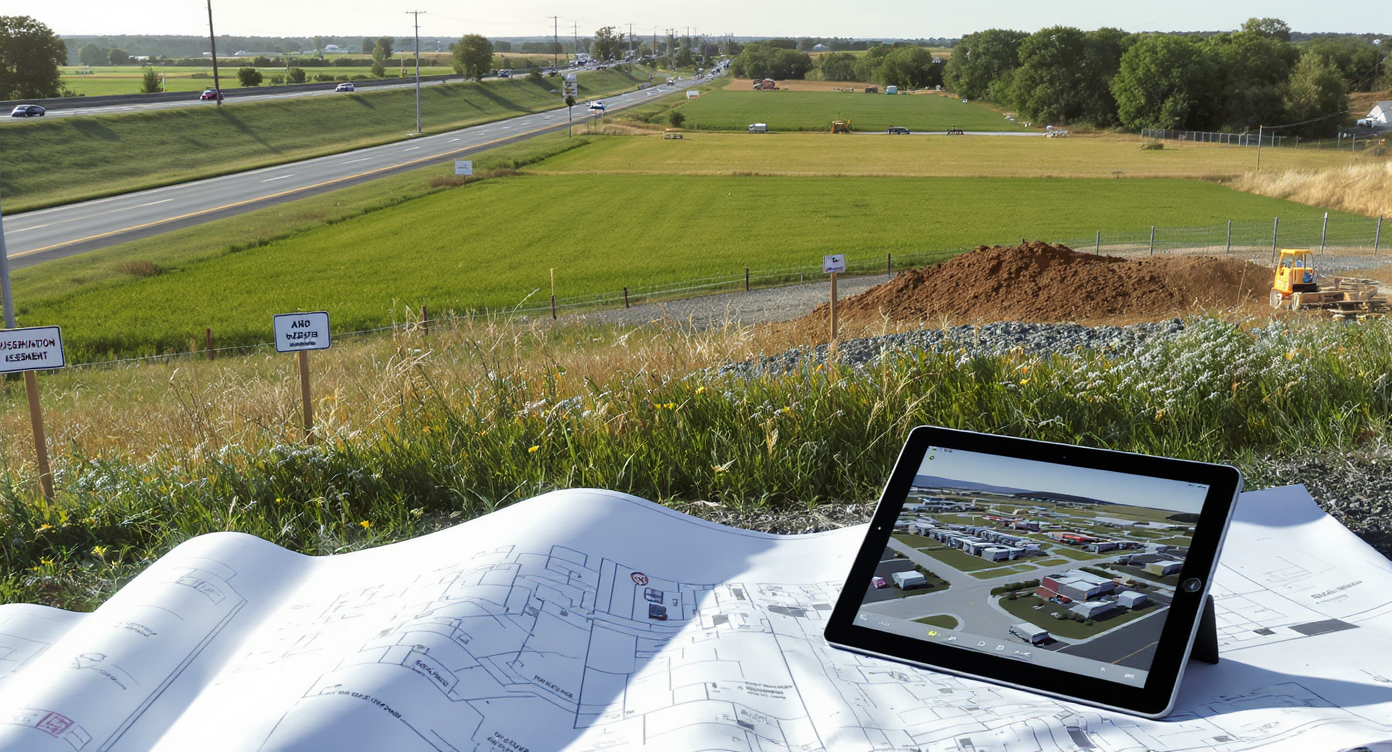 Aerial view of land near a highway, divided into developed, conserved, and recreational areas, with a tablet showing land use options nearby.