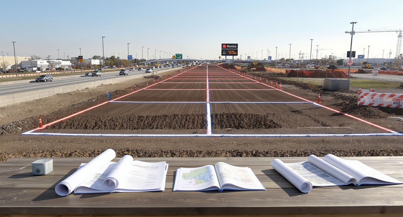 Aerial view of land by a highway exit, with survey stakes, engineering documents, and nearby infrastructure, highlighting development potential.
