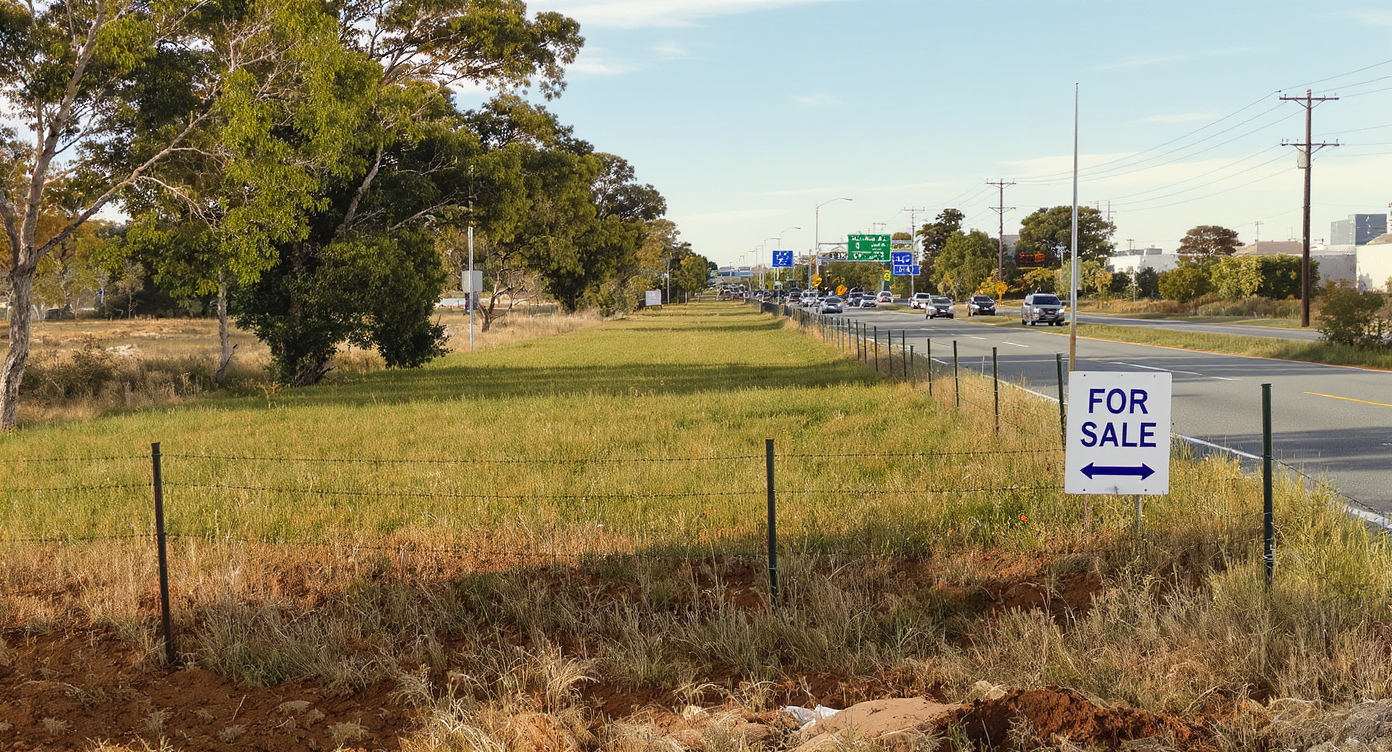 A realistic scene of undeveloped land for sale next to a major highway, with a real estate sign, survey tools, and nearby urban buildings.