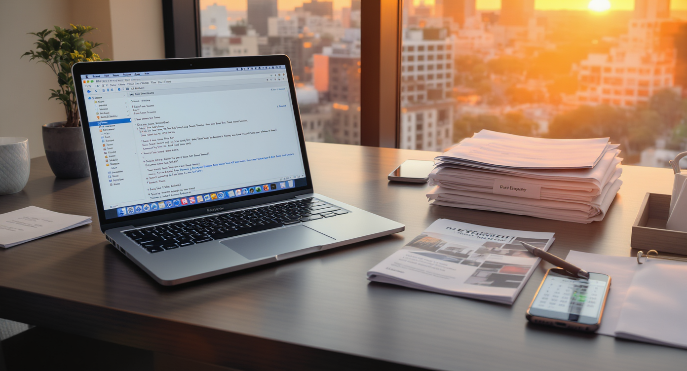 A photorealistic office scene at dawn with an email-ready laptop, property documents, a calendar-tuned smartphone, and keys on a desk—no people visible.